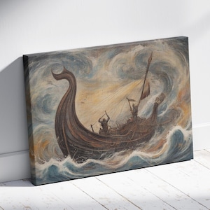 Wikinger Schiff Leinwand Kunst - Nordisches Seeschiff Poster - Rustikales Wanddekor für Geschichtsliebhaber - Nautische Wikinger Kunst - Fertig zum Aufhängen