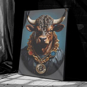 Bull Bitcoin Canvas Bull Bitcoin Wall Art Money Crypto Coin Poster Bitcoin Canvas Art Gold Bear Wall Art, Bull Painting Ready To Hang
