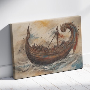 Wikinger Schiff Leinwand Kunst - Nordisches Seeschiff Poster - Rustikales Wanddekor für Geschichtsliebhaber - Nautische Wikinger Kunst - Fertig zum Aufhängen