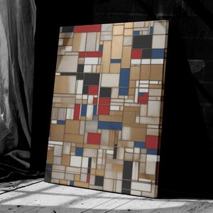 Piet Mondrian Style Geometric Abstract Canvas Print, Modern Minimalist Art, Red Blue Yellow Grid Wall Decor, Mid Century Inspired Home Decor