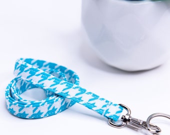 Blue Houndstooth Fabric Lanyard: ID Badge & Key Holder, Skinny Lanyard