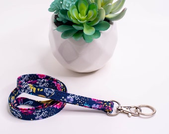 Navy Blue with Flowers Fabric Lanyard for ID badge, keys