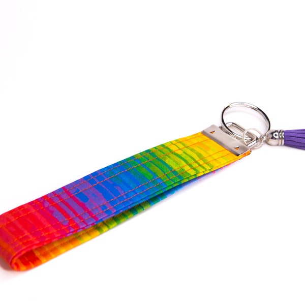 Rainbow Tie Dye with Stripes Keychain, Key FOB, Wristlet KeyChain, Key Lanyard