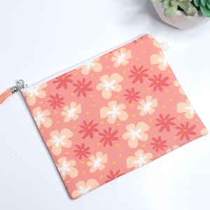 Zip Pouch: Peachy Orange Cotton Makeup Bag, Retro Daisy Flower Fabric