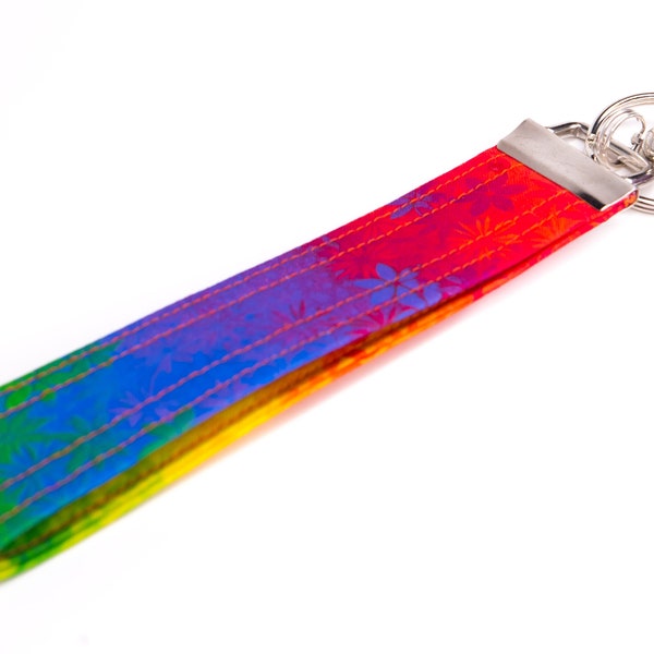 Rainbow Tie Dye with Flowers Keychain, Key FOB, Wristlet KeyChain, Key Lanyard