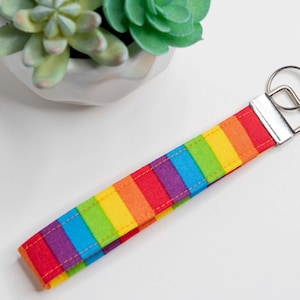 May include: A rainbow-striped wristlet keychain with a silver-colored metal clasp and key ring. The wristlet features vertical stripes in red, orange, yellow, green, blue, and purple. The keychain is on a white surface, with a small succulent plant in a white pot in the background.