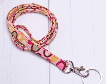 Fabric Lanyard for ID badge, keys in pink dots fabric