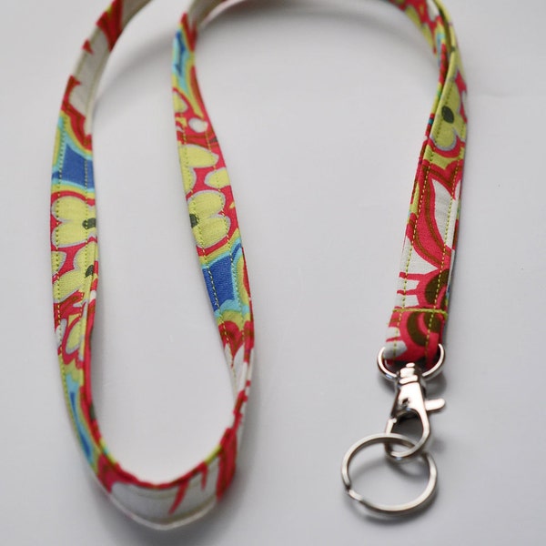 Fabric Lanyard for ID badge, keys in Amy Butler Disco Flower Hot Pink