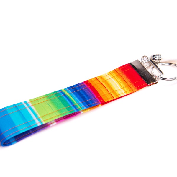 Rainbow Keychain, Beach Umbrella Stripes, Key FOB, Wristlet KeyChain, Key Lanyard