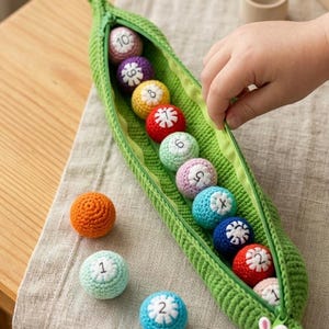 Crocheted Pea Pod Counting Toy | Montessori Math Learning Game, Fine Motor Skills, Sensory Toy