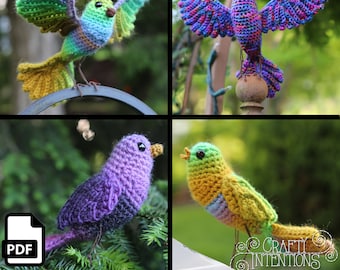 May include: Four crocheted birds in different colors and poses. The birds are made with a variety of colorful yarns and have detailed features. The birds are displayed on a variety of backgrounds, including a green bush, a wooden fence, and a metal railing.