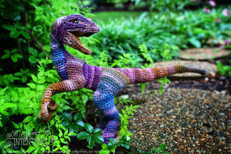 May include: A crocheted dinosaur toy in shades of purple, blue, and brown, standing on a bed of green leaves and gravel.