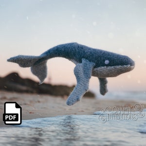 May include: A crocheted whale plush toy in shades of gray, with a white button eye, is leaping out of the water. The whale is on a sandy beach with waves crashing in the background. The image includes a PDF icon in the lower left corner.