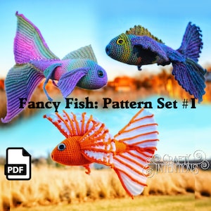 May include: A crochet pattern set for making three different fish. The fish are a bright orange, a purple and blue, and a pink and blue. The pattern set is called "Fancy Fish: Pattern Set #1" and is available as a PDF download.