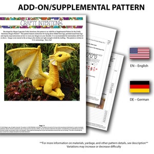 May include: A yellow crocheted dragon with wings, sitting on a green surface. The image is a pattern for a crocheted dragon, with a difficulty scale of 1 to 10. The pattern is available in English, Spanish, German, and French.
