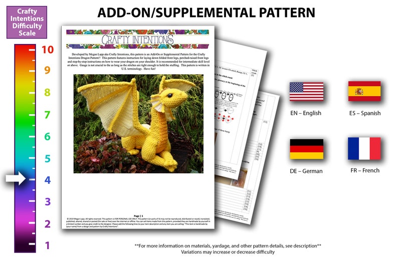 May include: A yellow crocheted dragon with wings, sitting on a green surface. The image is a pattern for a crocheted dragon, with a difficulty scale of 1 to 10. The pattern is available in English, Spanish, German, and French.