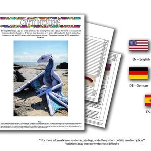 May include: A crochet pattern for a large dragon, with a difficulty level of 7 on a scale of 10. The pattern is available in English, French, German, Portuguese, and Spanish. The pattern includes instructions for making a dragon with blue and white yarn.