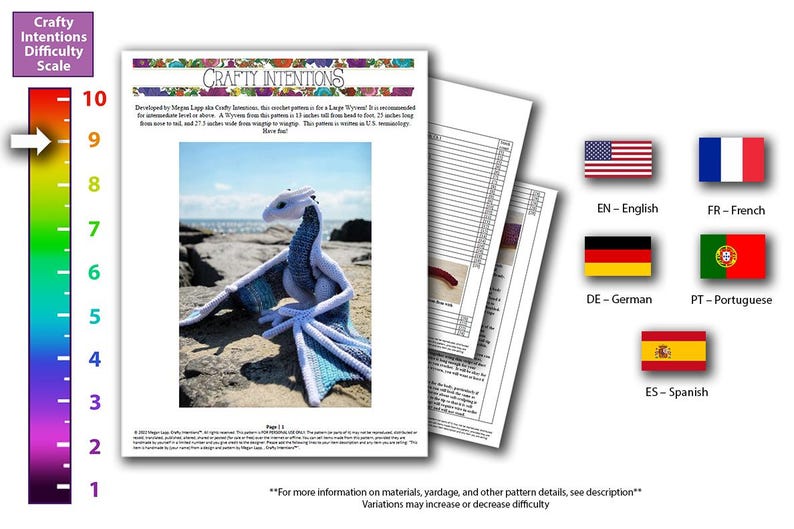 May include: A crochet pattern for a large dragon, with a difficulty level of 7 on a scale of 10. The pattern is available in English, French, German, Portuguese, and Spanish. The pattern includes instructions for making a dragon with blue and white yarn.
