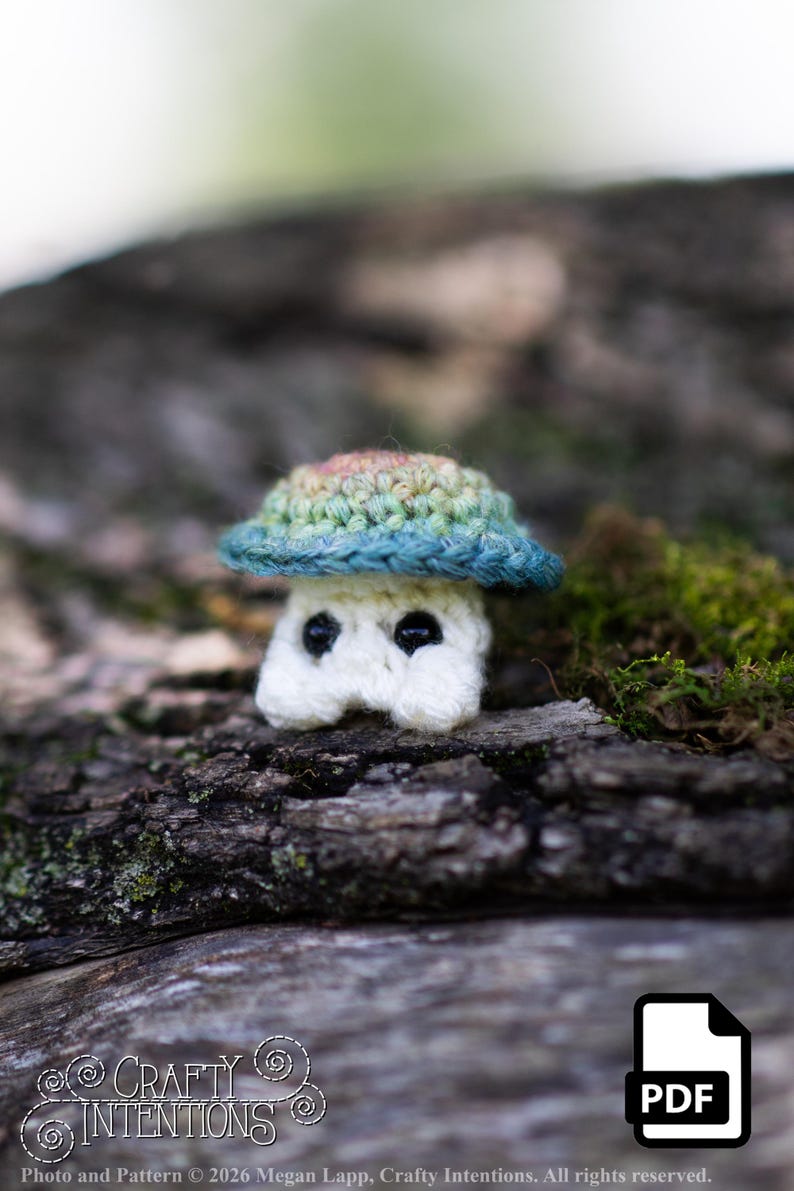 Puede incluir: Un hongo de ganchillo hecho a mano con un tallo blanco y un sombrero multicolor en tonos de azul, verde y rosa. El hongo tiene dos ojos negros y se encuentra sobre un fondo natural borroso. La imagen incluye el texto "Crafty Intentions" y un icono PDF.