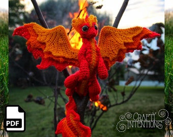 Elemental Fire Dragon gehaakt Amigurumi digitaal PDF-patroon door Crafty Intentions