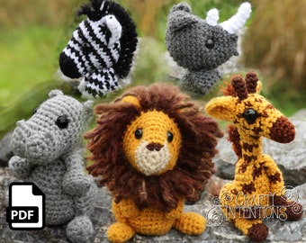 Cute Critters Set 10: Giraffe Hippo Lion Rhino Zebra Crochet Amigurumi Pattern DIGITAL PDF by Crafty Intentions