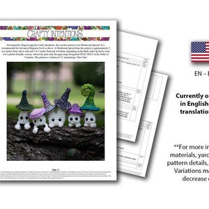 Puede incluir: Un patr&oacute;n de ganchillo para Mushroom Sprouts, con una escala de dificultad. La imagen muestra varias figuras de setas de ganchillo en varios colores. El patr&oacute;n est&aacute; disponible en ingl&eacute;s. El nivel de dificultad se indica en una escala codificada por colores.