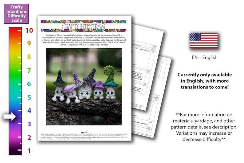Puede incluir: Un patr&oacute;n de ganchillo para Mushroom Sprouts, con una escala de dificultad. La imagen muestra varias figuras de setas de ganchillo en varios colores. El patr&oacute;n est&aacute; disponible en ingl&eacute;s. El nivel de dificultad se indica en una escala codificada por colores.
