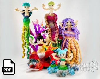 5 Little Mermaids: Squid, Koi Fish, Eel, Octopus, Jellyfish, Crochet Amigurumi Digital Pattern by Crafty Intentions Electronic PDF