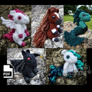 May include: A collection of handmade crochet fantasy creatures, including a white dragon with pink accents, a brown horse, a teal seahorse, a black dragon, and a white dragon with teal accents. The image also includes a PDF icon and the text "Crafty Intentions".