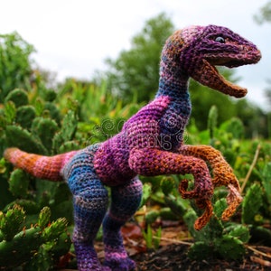 May include: A crocheted dinosaur toy in shades of purple, blue, and orange. The dinosaur is standing on a bed of brown mulch and green plants.