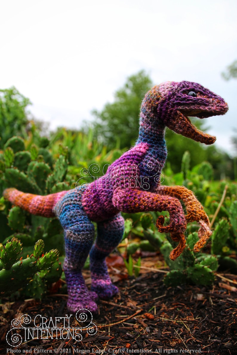 May include: A crocheted dinosaur toy in shades of purple, blue, and orange. The dinosaur is standing on a bed of brown mulch and green plants.