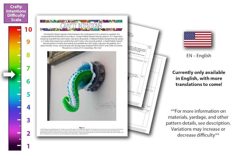 May include: A crochet pattern for a tentacle in a porthole is shown, with a difficulty scale. The finished tentacle is green, blue, and white. The pattern is written in U.S. terminology. The image also includes the American flag and the text "EN - English".