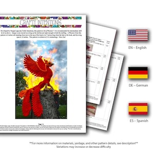 May include: A Crafty Intentions difficulty scale with a red, orange, yellow, green, blue, purple, and black gradient. The scale goes from 1 to 10. A red phoenix with orange flames is shown on a white page with the text "Crafty Intentions" at the top. The page is folded in half and the bottom of the page says "For more information on materials, yardage, and other pattern details, see description."  Variations may increase or decrease difficulty.