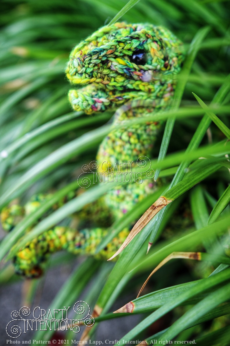 May include: A green crocheted dinosaur toy with a black eye, partially hidden in green grass.