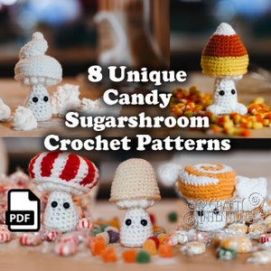 May include: Eight unique crochet patterns for candy-themed sugar mushroom amigurumi. The patterns are available as a PDF download. The image shows a variety of colorful candy mushrooms, including a white mushroom with a swirl on top, a red and white striped mushroom, a white mushroom with a white top, and a yellow and orange candy corn mushroom.
