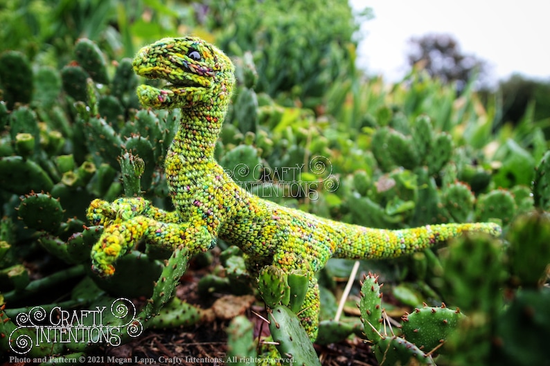 May include: A green crocheted dinosaur toy with a speckled pattern, posed on a bed of green cactus plants.