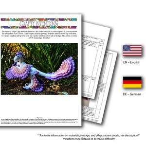 May include: A crochet pattern for a dinosaur, with a purple and pink colour scheme. The pattern is rated as a 7 on the Crafty Intentions Difficulty Scale. The pattern is available in English, Spanish, German, and French.
