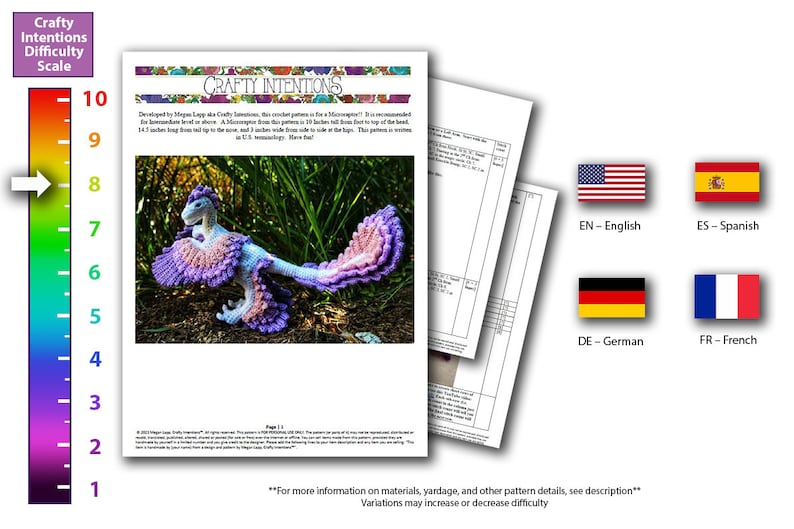 May include: A crochet pattern for a dinosaur, with a purple and pink colour scheme. The pattern is rated as a 7 on the Crafty Intentions Difficulty Scale. The pattern is available in English, Spanish, German, and French.