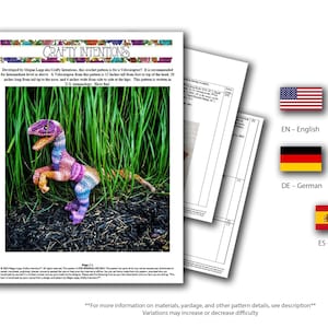 May include: A crochet pattern for a Velociraptor, with a difficulty rating of 7 on a scale of 10. The pattern is shown on a page with the title "Crafty Intentions". The Velociraptor is shown in a green grassy area. The pattern is available in English, French, German, Portuguese, and Spanish.