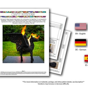 May include: A crochet pattern for a Night Mare, a mythical creature with wings, a fire mane, and a black body. The pattern is rated as intermediate level and is available in US terminology. The image shows the finished crochet project, a black Night Mare with wings spread, standing on a stone base in front of a fire and green grass.