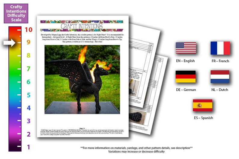 May include: A crochet pattern for a Night Mare, a mythical creature with wings, a fire mane, and a black body. The pattern is rated as intermediate level and is available in US terminology. The image shows the finished crochet project, a black Night Mare with wings spread, standing on a stone base in front of a fire and green grass.