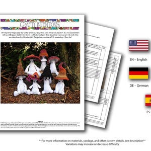 May include: A printable crochet pattern for making a group of mushroom-shaped amigurumi figures. The pattern is called "Crafty Intentions" and is available in English, French, German, Portuguese, and Spanish. The difficulty level is rated on a scale of 1 to 10.