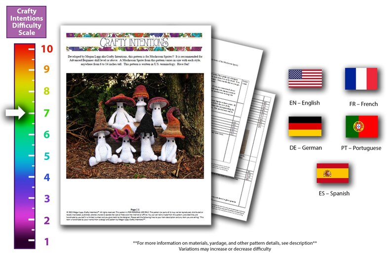 May include: A printable crochet pattern for making a group of mushroom-shaped amigurumi figures. The pattern is called "Crafty Intentions" and is available in English, French, German, Portuguese, and Spanish. The difficulty level is rated on a scale of 1 to 10.