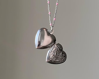 Collier médaillon coeur en argent, chaîne en émail rose, pendentif photo