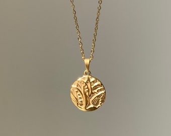 disc pendant necklace, lily of the valley engraved pendant, gold flower pendant necklace, waterproof anti-tarnish jewelry, gift for her