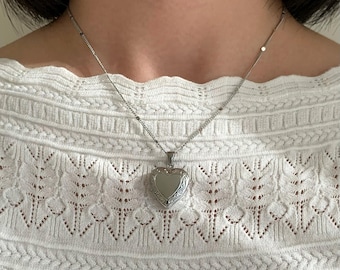 silver heart locket necklace, photo locket necklace, heart pendant black rope chain,  stainless steel, waterproof anti-tarnish, gift for her