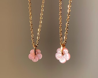 pink sakura necklace, tiny cherry blossom shell flower necklace, natural seashell, spring minimalist necklace, mother of pearl, gift for her