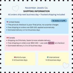 May include: A graphic with the text "November Jewels Co. SHIPPING INFORMATION." Details include shipping times for the United States, Canada, UK & Europe, and International orders. The text is on a white background with black polka dots.