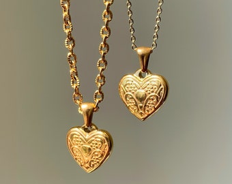gold puffy heart pendant necklace, gold heart necklace, love pendant, waterproof anti-tarnish jewelry, gift for her, best friend gift