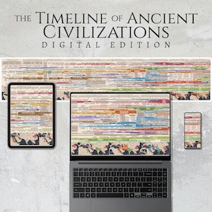 May include: A digital timeline of ancient civilizations displayed on a laptop, tablet, and smartphone. The timeline shows the rise and fall of various civilizations throughout history.